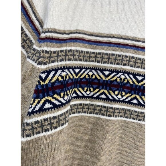 Izod Fair Isle Nordic Sweater Mens size L Quarter Zip Winter Knit White Brown - Picture 10 of 10
